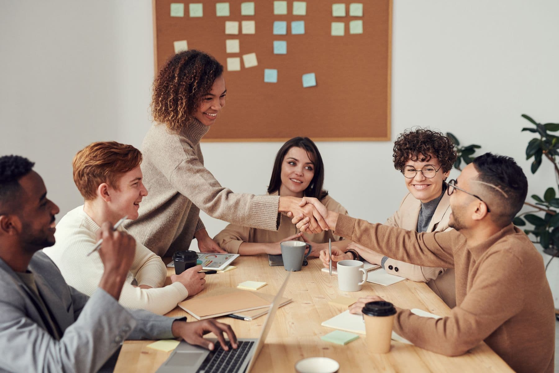 Two colleagues shaking hands across a meeting table